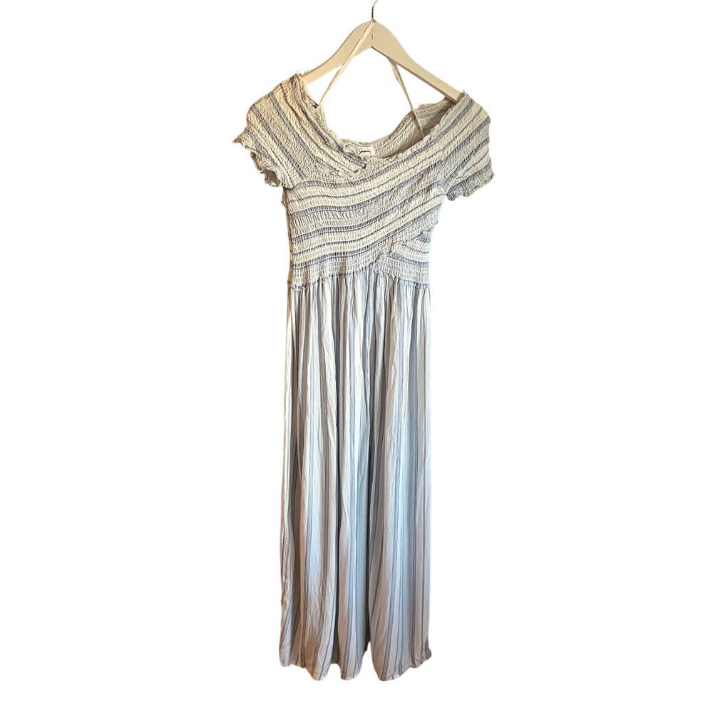 White and blue striped Japna smocked rayon dress size medium cottage Flattering